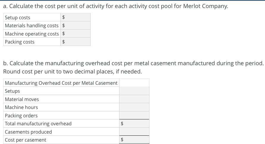 # Activity-Based Costing for Merlot Company

## a. Calculating the Cost per Unit of Activity

To determine the cost per unit of activity for each activity cost pool for Merlot Company, consider the following activity categories:

1. **Setup Costs:** $_____
2. **Materials Handling Costs:** $_____
3. **Machine Operating Costs:** $_____
4. **Packing Costs:** $_____

Each cost represents a critical component of the overall production process.

## b. Manufacturing Overhead Cost Calculation per Metal Casement

To calculate the manufacturing overhead cost per metal casement produced during the period:

### Steps for Calculation

1. **Identify Individual Overheads:**
   - **Setups**
   - **Material Moves**
   - **Machine Hours**
   - **Packing Orders**

2. **Determine the Total Manufacturing Overhead:**
   - Sum all individual overhead costs.

3. **Calculate Overhead Cost per Metal Casement:**
   - Divide the total manufacturing overhead by the number of casements produced to determine the cost per unit.

### Worksheet

| Manufacturing Overhead Cost per Metal Casement |                   |
|------------------------------------------------|-------------------|
| Setups                                         | $                 |
| Material Moves                                 | $                 |
| Machine Hours                                  | $                 |
| Packing Orders                                 | $                 |
| **Total Manufacturing Overhead**               | $                 |
| Casements Produced                             |                   |
| **Cost per Casement**                          | $                 |

### Notes

- **Round Off Values:** Ensure to round the cost per unit to two decimal places if needed for precision.
- **Objective:** This method provides a detailed breakdown to streamline budgeting and cost forecasting for better financial management.

These steps are crucial for businesses like Merlot Company to allocate costs accurately and optimize production efficiency.