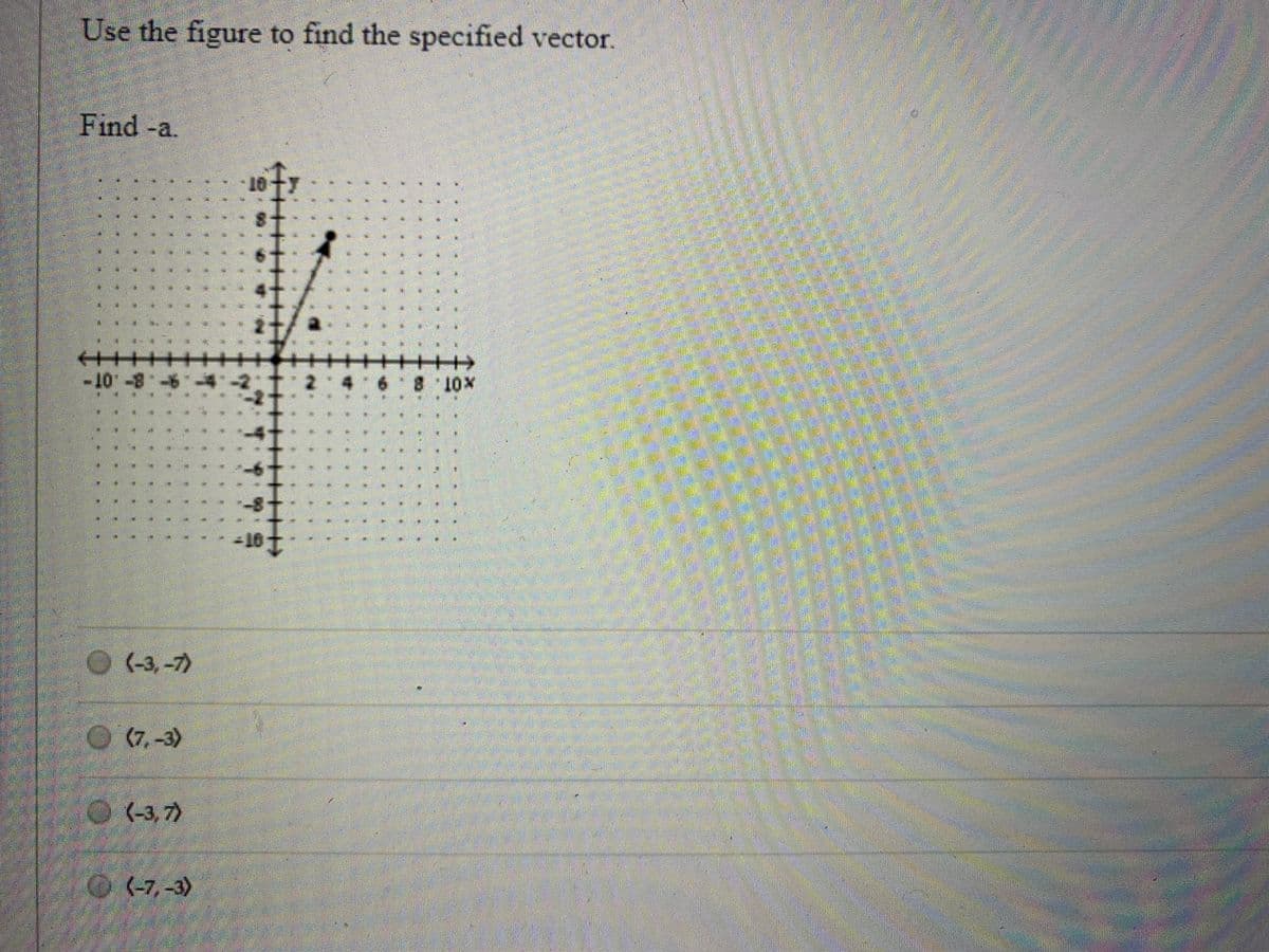 Use the figure to find the specified vector.
Find -a.
++++++++++
++++++++
4 6 8 10x
..8-.01-
-10
(-3,-7)
O(7,-3)
(7,-3)
(-3, 7)
O (-7,-3)
