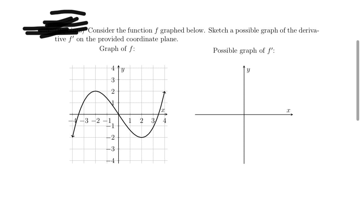 Consider the function f graphed below. Sketch a possible graph of the deriva-
tive f' on the provided coordinate plane.
Graph of f:
Possible graph of f':
-2
1
3.
4
1
-2
-3
-4
