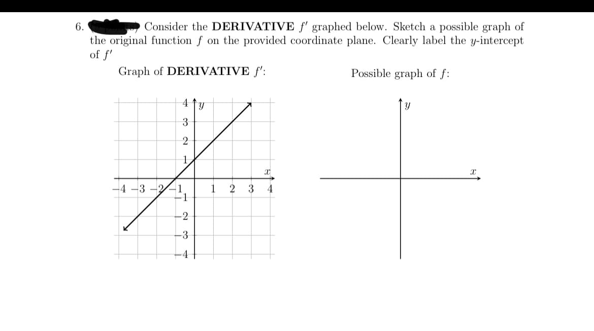 6.
Consider the DERIVATIVE f' graphed below. Sketch a possible graph of
the original function f on the provided coordinate plane. Clearly label the y-intercept
of f'
Graph of DERIVATIVE ƒ':
Possible graph of f:
1
-4 -3
-2
1
1
3
1
-2
-3
–4
