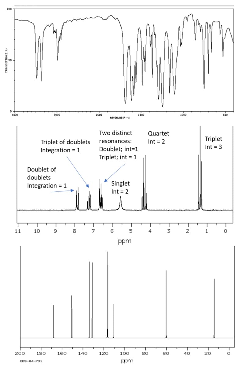 L00
4000
3000
2000
1000
so
KAVENUMBERI l
Two distinct
Quartet
Triplet
Triplet of doublets
Integration = 1
resonances:
Int = 2
Int = 3
Doublet; int=1
Triplet; int = 1
Doublet of
doublets
Singlet
Int = 2
Integration = 1
11
10
8.
7
5
4
2
1
ppm
200
180
160
140
120
100
80
60
40
20
CDS-04-731
ppm
