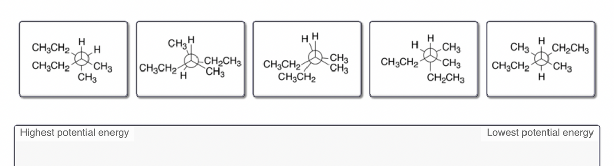 CHH
HH
CH3
CH2CH3
„CH3
CH3CH2.
-CH3
`CH3
CH3CH2
CH2CH3
`CH3
CH3CH2
CH3
CH2CH3
CH3CH2-
CH3CH2
CH3
CH3CH2
CH3
CH3CH2
H.
H
CH3
Lowest potential energy
Highest potential energy
