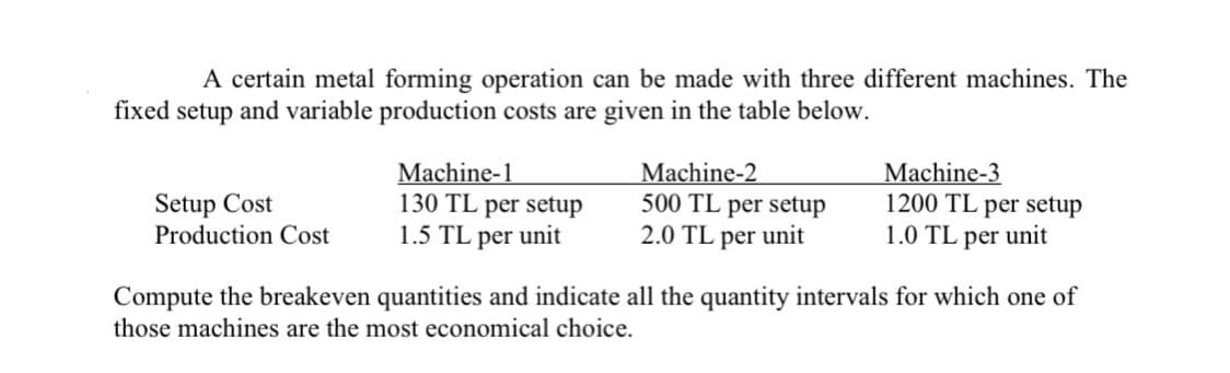 A certain metal forming operation can be made with three different machines. The
fixed setup and variable production costs are given in the table below.
Machine-1
130 TL per setup
1.5 TL per unit
Machine-2
500 TL per setup
2.0 TL per unit
Machine-3
1200 TL per setup
1.0 TL per unit
Setup Cost
Production Cost
Compute the breakeven quantities and indicate all the quantity intervals for which one of
those machines are the most economical choice.
