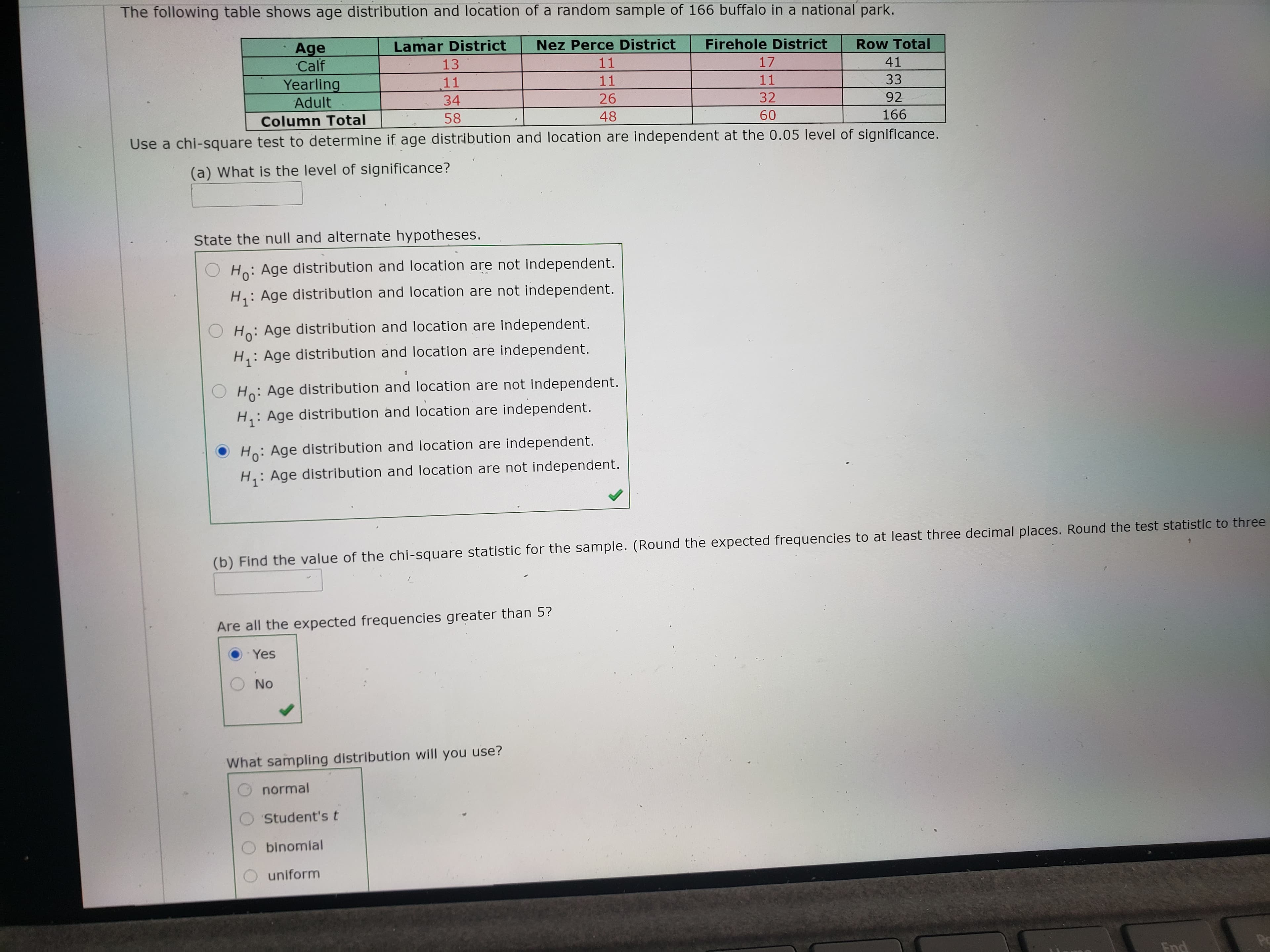 Use a chi-square test to determine if age distribution and location are independent at the 0.05 level of significance.
(a) What is the level of significance?
State the null and alternate hypotheses.
Ho: Age distribution and location are not independent.
H,: Age distribution and location are not independent.
Ho: Age distribution and location are independent.
H,: Age distribution and location are independent.
Ho: Age distribution and location are not independent.
H,: Age distribution and location are independent.
Ho: Age distribution and location are independent.
H,: Age distribution and location are not independent.
(b) Find the value of the chi-square statistic for the sample. (Round the expected frequencies to at least three decimal places.
