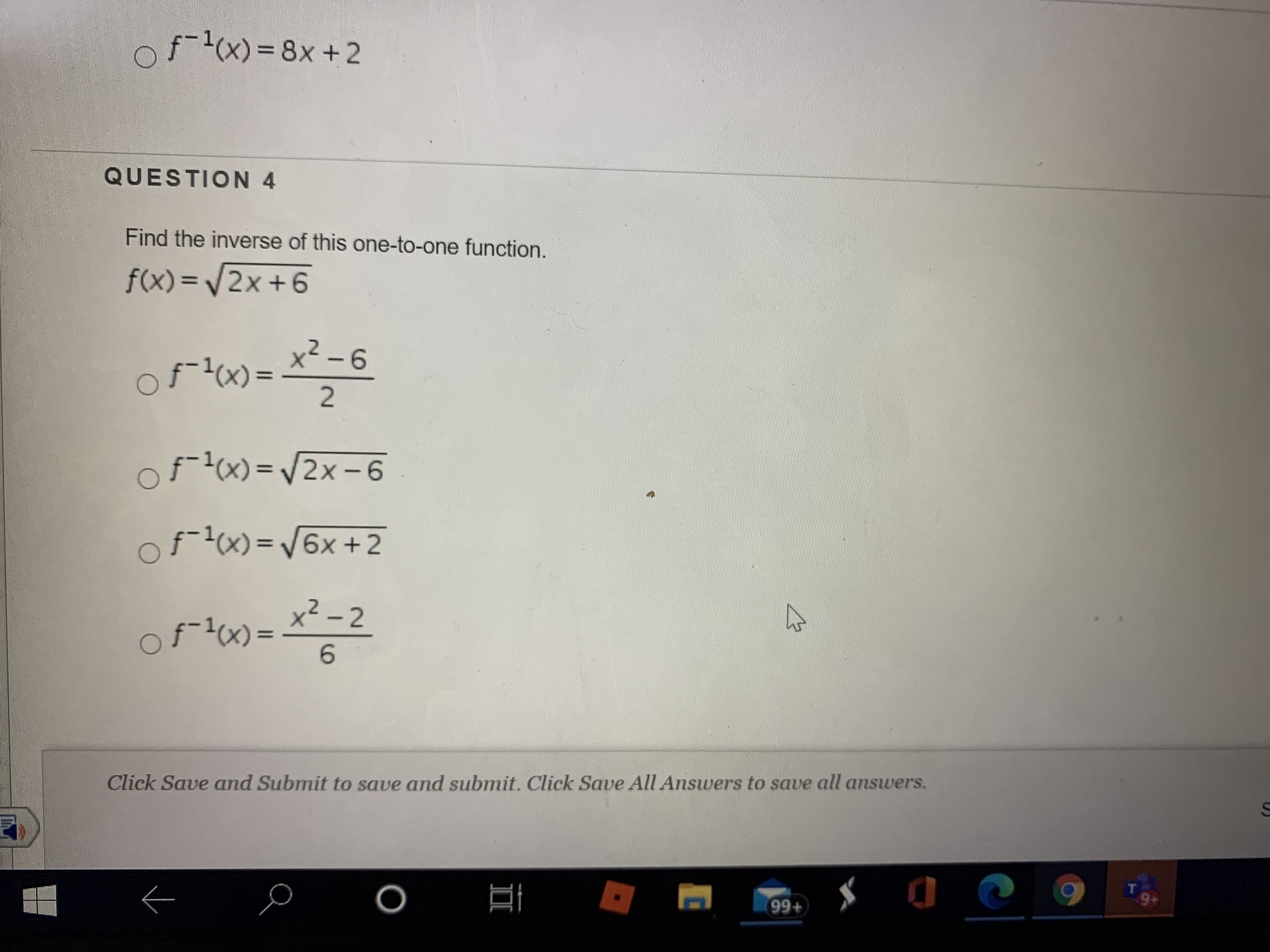 Find the inverse of this one-to-one function.
f(x)%3D2× +6
