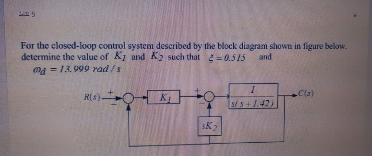 For the closed-loop control system described by the block diagram shown in figure below.
determine the value of K1 and K2 such that =0.515
@d =13.999 rad /s
and
C(s)
R(s).
KL
s(s+1.42)
sK2
