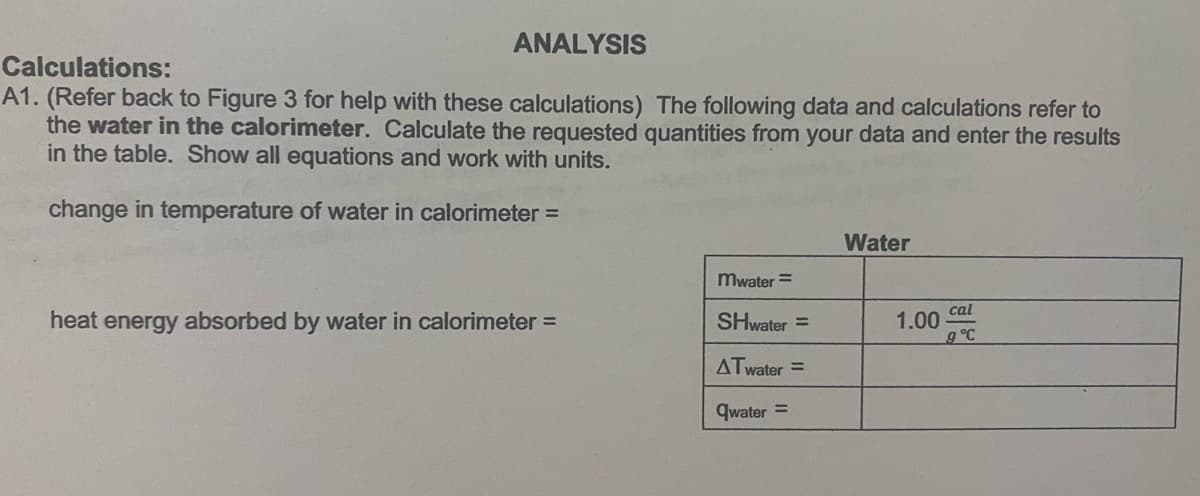 ANALYSIS
Calculations:
A1. (Refer back to Figure 3 for help with these calculations) The following data and calculations refer to
the water in the calorimeter. Calculate the requested quantities from your data and enter the results
in the table. Show all equations and work with units.
change in temperature of water in calorimeter =
Water
mwater =
cal
heat energy absorbed by water in calorimeter =
SHwater =
1.00
g°C
ATwater =
qwater =
