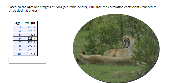 Based on the ages and weights of lions (see table below), calculate the correlation coefficient (rounded to
three decimal places)
Age
Weight
3
213.2
216.6
221
6
223.4
7
221.8
8
227.2
228.6
10
231
