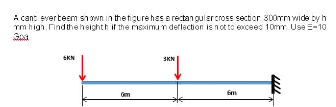 A cantilever beam shown in the figure has a rectangular cross section 300mm wide by h
mm high. Find theheighth if the maximum deflection is not to exceed 10mm. Use E=10
Gpa
6KN
3KN
6m
6m
