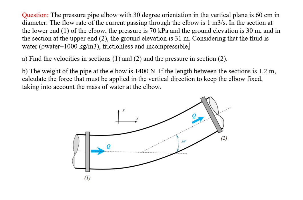 Question: The pressure pipe elbow with 30 degree orientation in the vertical plane is 60 cm in
diameter. The flow rate of the current passing through the elbow is 1 m3/s. In the section at
the lower end (1) of the elbow, the pressure is 70 kPa and the ground elevation is 30 m, and in
the section at the upper end (2), the ground elevation is 31 m. Considering that the fluid is
water (pwater=1000 kg/m3), frictionless and incompressible,
a) Find the velocities in sections (1) and (2) and the pressure in section (2).
b) The weight of the pipe at the elbow is 1400 N. If the length between the sections is 1.2 m,
calculate the force that must be applied in the vertical direction to keep the elbow fixed,
taking into account the mass of water at the elbow.
30
(1)
