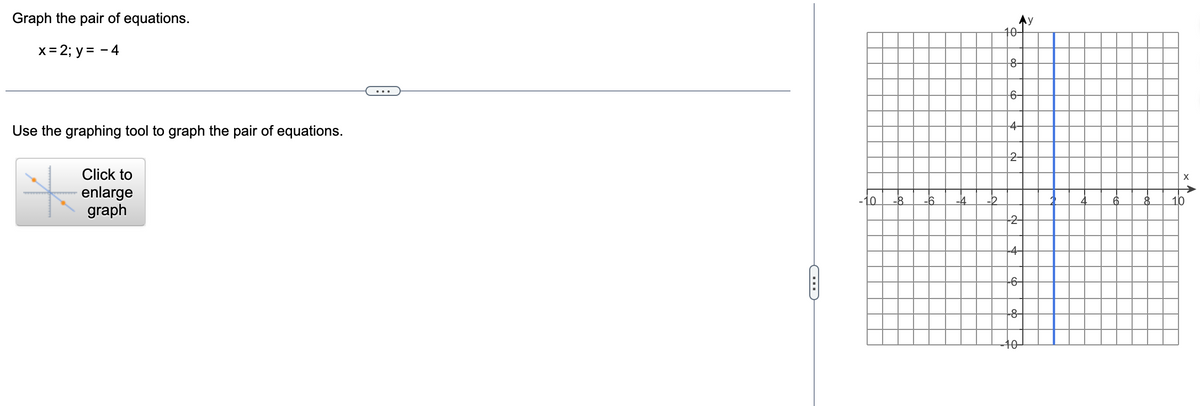 Graph the pair of equations.
Ay
40-
x= 2; y = - 4
8-
6-
Use the graphing tool to graph the pair of equations.
4-
2-
Click to
enlarge
graph
-10
-8
-6
-2
8.
10
-2-
-4-
-6-
-8-
40
