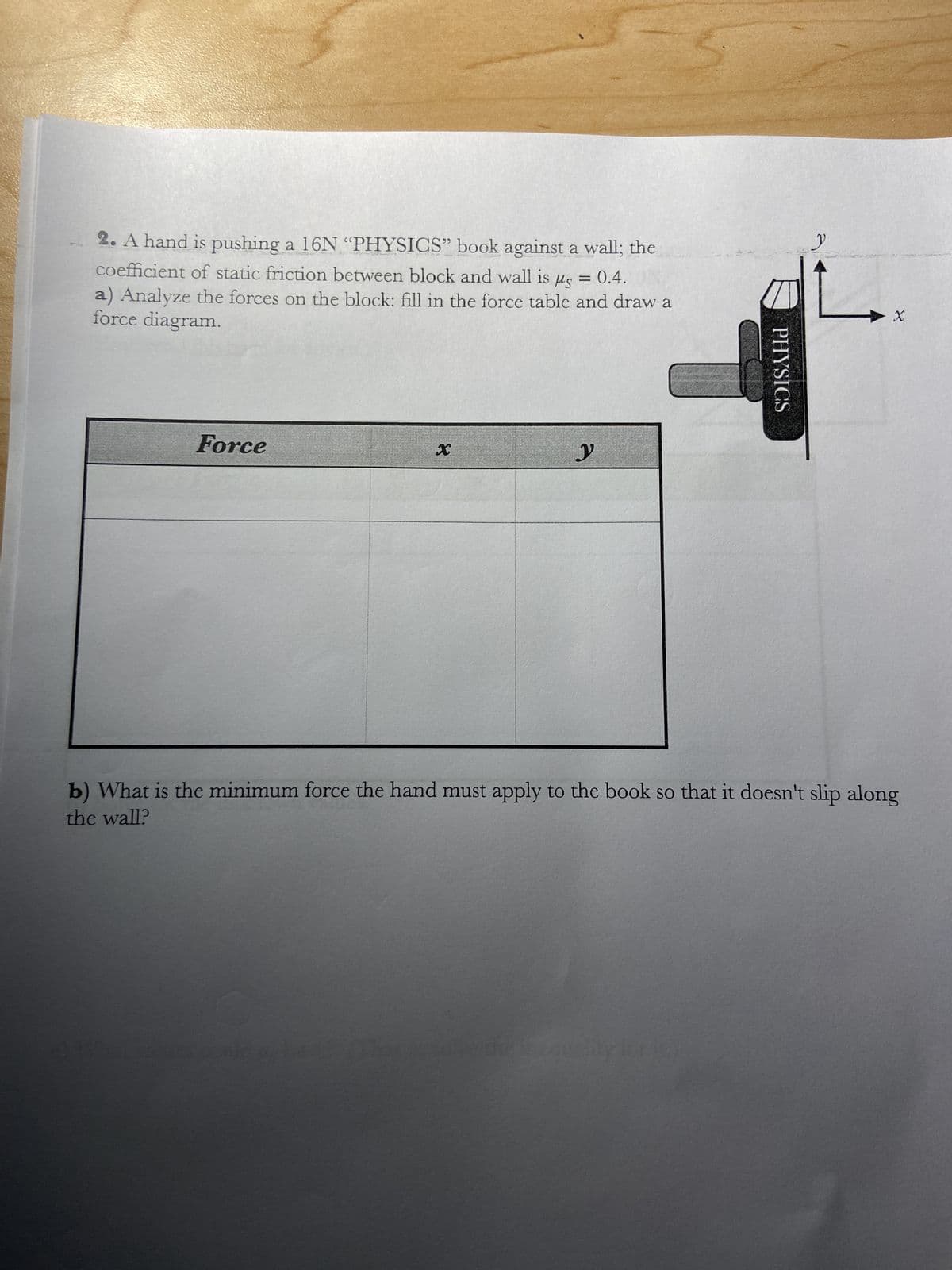 2. A hand is pushing a 16N "PHYSICS" book against a wall; the
coefficient of static friction between block and wall is us = 0.4.
a) Analyze the forces on the block: fill in the force table and draw a
force diagram.
Force
X
y
PHYSICS
the shequelity for jeg
2
X
b) What is the minimum force the hand must apply to the book so that it doesn't slip along
the wall?