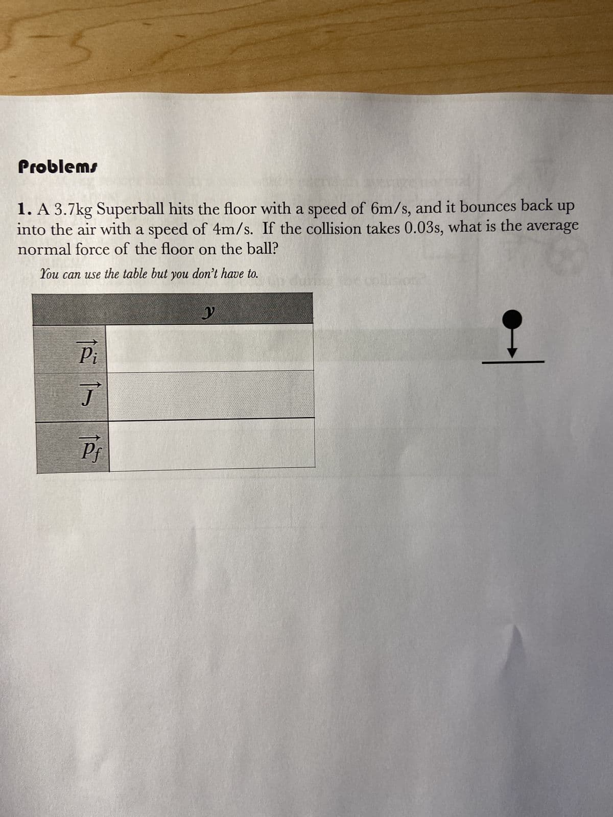 Problems
1. A 3.7kg Superball hits the floor with a speed of 6m/s, and it bounces back up
into the air with a speed of 4m/s. If the collision takes 0.03s, what is the average
normal force of the floor on the ball?
You can use the table but you don't have to.
12112
Pf
Y
•