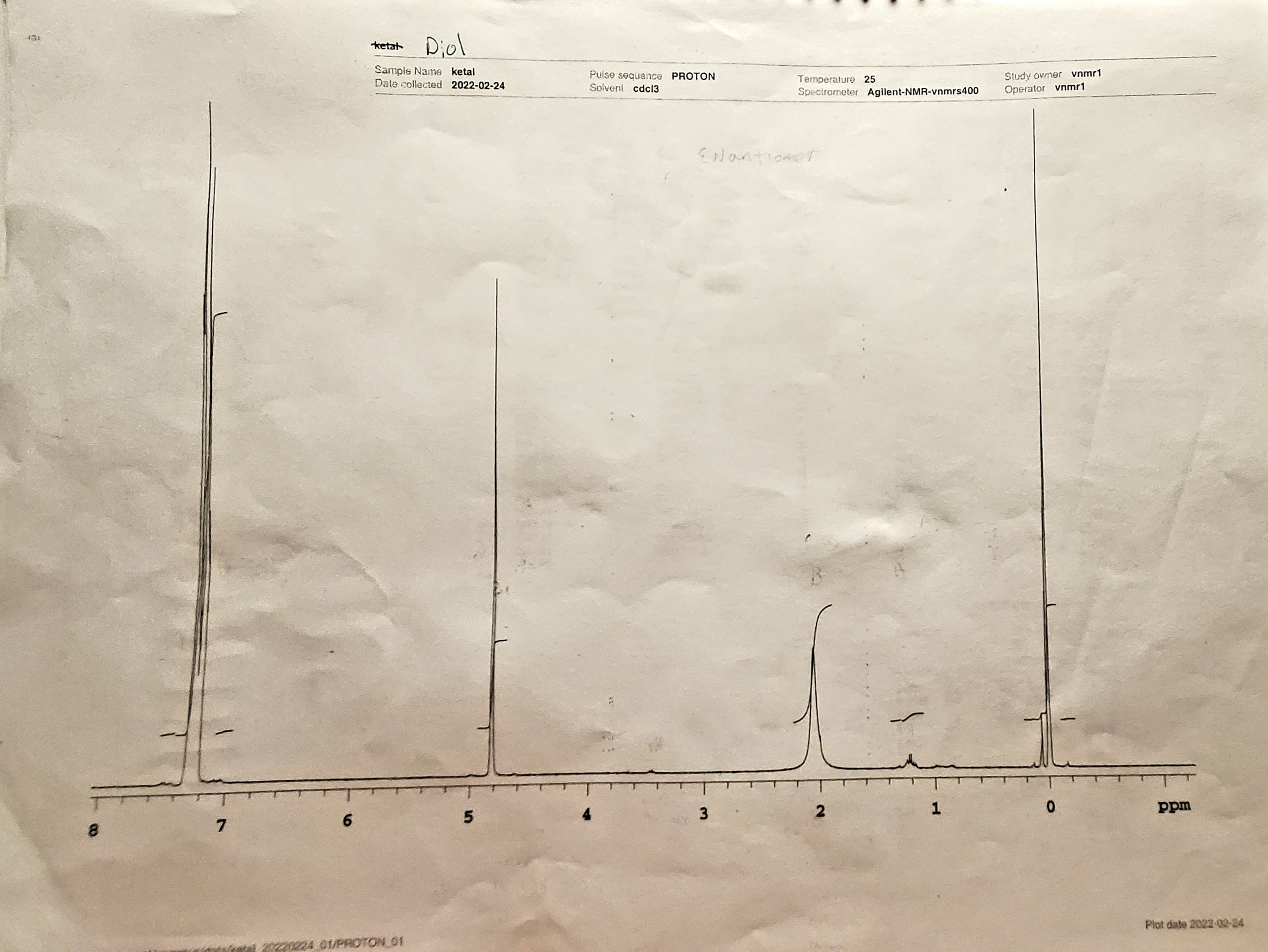 Diol
ketat
Sampls Name ketal
Date collected 2022-02-24
Puise sequence PROTON
Solvenl cdc13
Study owmer vnmr1
Operator vnmr1
Temperature 25
Specirameter Agilent-NMR-vnmrs400
ENantiomer
6
4
3
ppm
Plot date 2022-02-24
01/PROTON 01
