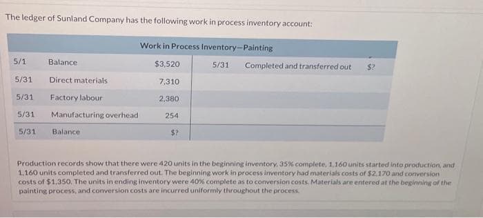 The ledger of Sunland Company has the following work in process inventory account:
5/1
5/31
5/31
Balance
Direct materials
Factory labour
5/31
5/31 Balance
Manufacturing overhead
Work in Process Inventory-Painting
$3,520
7,310
2,380
254
$?
5/31
Completed and transferred out $?
Production records show that there were 420 units in the beginning inventory, 35% complete, 1,160 units started into production, and
1,160 units completed and transferred out. The beginning work in process inventory had materials costs of $2,170 and conversion
costs of $1,350. The units in ending inventory were 40% complete as to conversion costs. Materials are entered at the beginning of the
painting process, and conversion costs are incurred uniformly throughout the process.