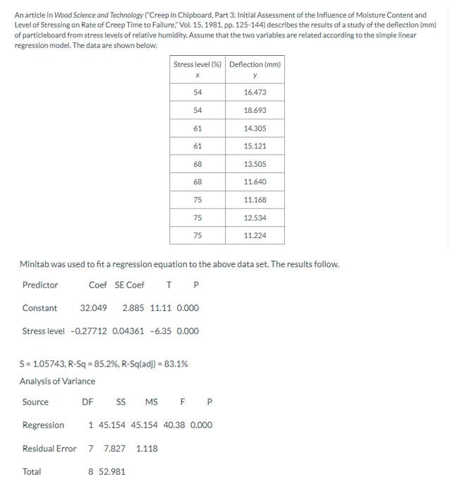 An article in Wood Science and Technology ("Creep in Chipboard, Part 3: Initial Assessment of the Influence of Moisture Content and
Level of Stressing on Rate of Creep Time to Fallure" Vol. 15, 1981, pp. 125-144) describes the results of a study of the deflection (mm)
of particleboard from stress levels of relative humidity. Assume that the two variables are related according to the simple linear
regression model. The data are shown below:
Stress level (%) Deflection (mm)
54
16.473
54
18.693
61
14.305
61
15.121
68
13.505
68
11.640
75
11.168
75
12.534
75
11.224
Minitab was used to fit a regression equation to the above data set. The results follow.
Predictor
Coef SE Coef
T P
Constant
32.049
2.885 11.11 0.000
Stress level -0.27712 0.04361 -6.35 0.000
S= 1.05743, R-Sq = 85.2%, R-Sq(adj) = 83.1%
Analysis of Variance
F P
Source
DF
MS
Regression
1 45.154 45.154 40.38 0.000
Residual Error
7 7.827
1.118
Total
8 52.981
