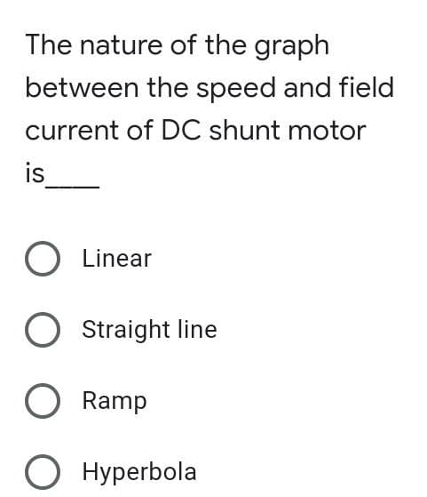 The nature of the graph
between the speed and field
current of DC shunt motor
is
O Linear
O Straight line
O Ramp
O Hyperbola