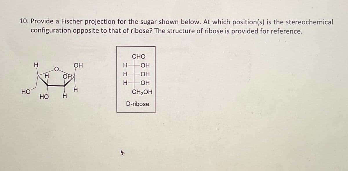 10. Provide a Fischer projection for the sugar shown below. At which position(s) is the stereochemical
configuration opposite to that of ribose? The structure of ribose is provided for reference.
HO
H
H
HO
CHO
OH
H-
OH
H-
OH
ОНА
H-OH
H
H-
CH2OH
D-ribose