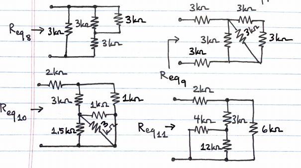 ### Understanding Equivalent Resistance in Complex Circuits

In this section, we will explore how to calculate the equivalent resistance (\(R_{eq}\)) in various complex resistive circuits. Below are detailed diagrams with resistance values in kilo-ohms (kΩ) and their respective equivalent resistors.

#### 1. Series and Parallel Resistors

**Figure: Req8 Calculation**
- **Diagram Description:** 
    - Three 3kΩ resistors are arranged in a combination of series and parallel connections.
    - The calculation involves reducing parallel and series combinations to find \(R_{eq}\).

**Steps to Calculate \(R_{eq8}\):**
1. Combine the parallel resistors:
   \[
   \frac{1}{R_{parallel}} = \frac{1}{3kΩ} + \frac{1}{3kΩ} = \frac{2}{3kΩ} \implies R_{parallel} = \frac{3kΩ}{2} = 1.5kΩ
   \]
2. Add series resistances:
    \[
    R_{eq8} = 1.5kΩ + 3kΩ = 4.5kΩ
    \]

#### 2. Mixed Resistor Networks

**Figure: Req9 Calculation**
- **Diagram Description:** 
    - The circuit consists of a combination of 3kΩ resistors arranged in a complex parallel and series configuration including a triangular section in the middle.
    
**Steps to Calculate \(R_{eq9}\):**
1. Calculate combined resistances at each junction combining parallel and series rules to reduce the network.

#### 3. Complex Series-Parallel Networks

**Figure: Req10 Calculation**
- **Diagram Description:** 
    - The network includes 1kΩ, 2.5kΩ, 3kΩ, and 1kΩ resistors with a triangular arrangement in the middle.
    
**Steps to Calculate \(R_{eq10}\):**
1. Use the parallel and series reductions starting from the innermost connections outwards to simplify the circuit systematically.

#### 4. Nested Resistor Networks

**Figure: Req11 Calculation**
- **Diagram Description:** 
    - This circuit demonstrates a combination of 4kΩ, 6kΩ, 12kΩ, and 2kΩ resistors with several series and parallel sections to simplify.
    
**Steps to Calculate \(R_{eq