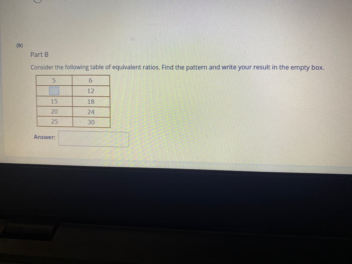 (b)
Part B
Consider the following table of equivalent ratios. Find the pattern and write your result in the empty box.
6.
12
15
18
20
24
25
30
Answer:
