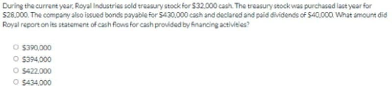 During the current year, Royal Industries sold treasury stock for $32.000 cash. The treasury stock was purchased last year for
S28.000. The company also issued bonds payable for $430,000 cash and declared and paid dividends of $40,000o. What amount did
Royal report on its statement of cash flows for cash provided by financing activities?
O 390,000
O 394,000
O $422.000
O $434,000

