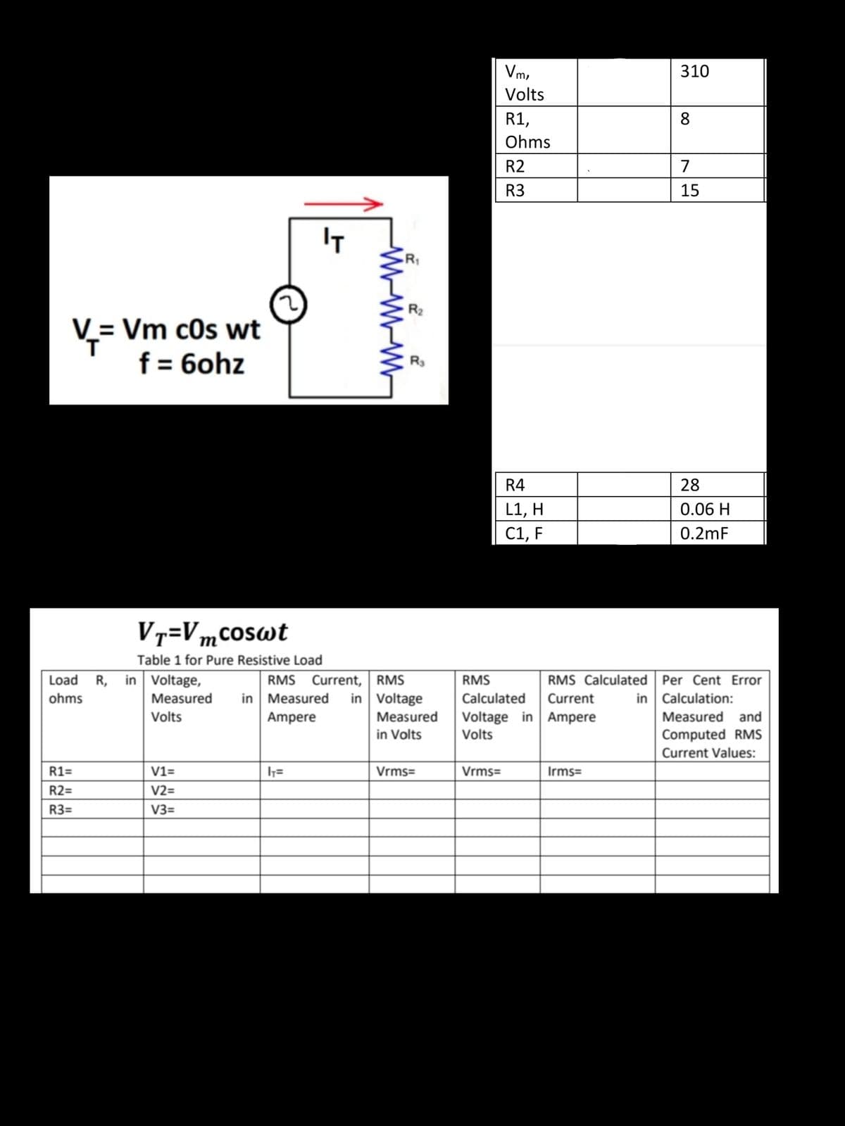 310
Volts
R1,
Ohms
R2
7
R3
15
IT
R1
R2
V_= Vm cOs wt
T.
f = 6ohz
R3
R4
28
L1, H
С1, F
0.06 H
0.2mF
V7=Vmcoswt
Table 1 for Pure Resistive Load
Load
R,
in Voltage,
RMS Current, RMS
RMS
RMS Calculated Per Cent Error
ohms
Measured
in Measured
in Voltage
Calculated
Current
in Calculation:
Measured
in Volts
Voltage in Ampere
Volts
Volts
Ampere
Measured and
Computed RMS
Current Values:
R1=
V1=
h=
Vrms=
Vrms=
Irms=
R2=
V2=
R3=
V3=
