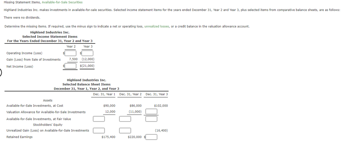 Missing Statement Items, Available-for-Sale Securities
Highland Industries Inc. makes investments in available-for-sale securities. Selected income statement items for the years ended December 31, Year 2 and Year 3, plus selected items from comparative balance sheets, are as follows:
There were no dividends.
Determine the missing items. If required, use the minus sign to indicate a net or operating loss, unrealized losses, or a credit balance in the valuation allowance account.
Highland Industries Inc.
Selected Income Statement Items
For the Years Ended December 31, Year 2 and Year 3
Operating Income (Loss)
Gain (Loss) from Sale of Investments
Net Income (Loss)
Year 2
Year 3
7,500 (12,000)
$(21,000)
Highland Industries Inc.
Selected Balance Sheet Items
December 31, Year 1, Year 2, and Year 3
Dec. 31, Year 1
Dec. 31, Year 2 Dec. 31, Year 3
Assets
Available-for-Sale Investments, at Cost
$90,000
Valuation Allowance for Available-for-Sale Investments
12,000
$86,000
(11,000)
Available-for-Sale Investments, at Fair Value
Stockholders' Equity
$102,000
Unrealized Gain (Loss) on Available-for-Sale Investments
(16,400)
Retained Earnings
$175,400
$220,000