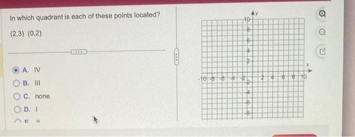 In which quadrant is each of these points located?
(2,3) (0,2)
A. IV
B. III
C. none
OD. I
DE 11
CIE
10 BB
40
8
B
2
2₂
44
B
2
6
8
10
Q