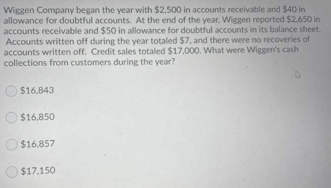 Wiggen Company began the year with $2,500 in accounts receivable and $40 in
allowance for doubtful accounts. At the end of the year, Wiggen reported $2,650 in
accounts receivable and $50 in allowance for doubtful accounts in its balance sheet.
Accounts written off during the year totaled $7, and there were no recoveries of
accounts written off. Credit sales totaled $17,000. What were Wiggen's cash
collections from customers during the year?
$16,843
$16,850
$16,857
$17,150
4