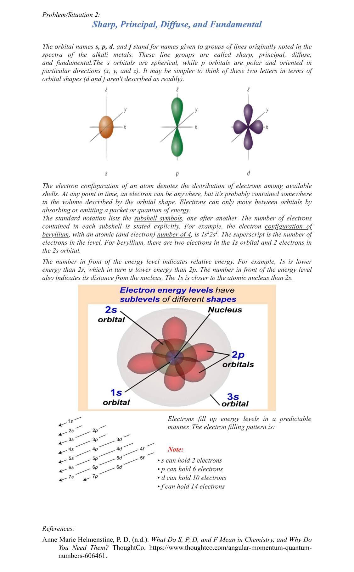 Problem/Situation 2:
Sharp, Principal, Diffuse, and Fundamental
The orbital names s, p, d, and f stand for names given to groups of lines originally noted in the
spectra of the alkali metals. These line groups are called sharp, principal, diffuse,
and fundamental. The s orbitals are spherical, while p orbitals are polar and oriented in
particular directions (x, y, and z). It may be simpler to think of these two letters in terms of
orbital shapes (d and f aren't described as readily).
The electron configuration of an atom denotes the distribution of electrons among available
shells. At any point in time, an electron can be anywhere, but it's probably contained somewhere
in the volume described by the orbital shape. Electrons can only move between orbitals by
absorbing or emitting a packet or quantum of energy.
The standard notation lists the subshell symbols, one after another. The number of electrons
contained in each subshell is stated explicitly. For example, the electron configuration of
beryllium, with an atomic (and electron) number of 4, is 1s 2s. The superscript is the number of
electrons in the level. For beryllium, there are two electrons in the Is orbital and 2 electrons in
the 2s orbital.
The number in front of the energy level indicates relative energy. For example, 1s is lower
energy than 2s, which in turn is lower energy than 2p. The number in front of the energy level
also indicates its distance from the nucleus. The 1s is closer to the atomic nucleus than 2s.
Electron energy levels have
sublevels of different shapes
2s
Nucleus
orbital
2p
orbitals
1s
orbital
3s
orbital
-1s
Electrons fill up energy levels in a predictable
manner. The electron filling pattern is:
- 2s
20
- 3s
3p
30
- 4s
4p
40
Note:
- 5s
5p
50
•s can hold 2 electrons
- 6s
6p
6ơ
•p can hold 6 electrons
• d can hold 10 electrons
•f can hold 14 electrons
+ 7p
References:
Anne Marie Helmenstine, P. D. (n.d.). What Do S, P, D, and F Mean in Chemistry, and Why Do
You Need Them? ThoughtCo. https://www.thoughtco.com/angular-momentum-quantum-
numbers-606461.
