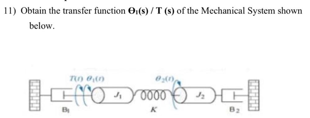 11) Obtain the transfer function 01(s) / T (s) of the Mechanical System shown
below.
K
B2
