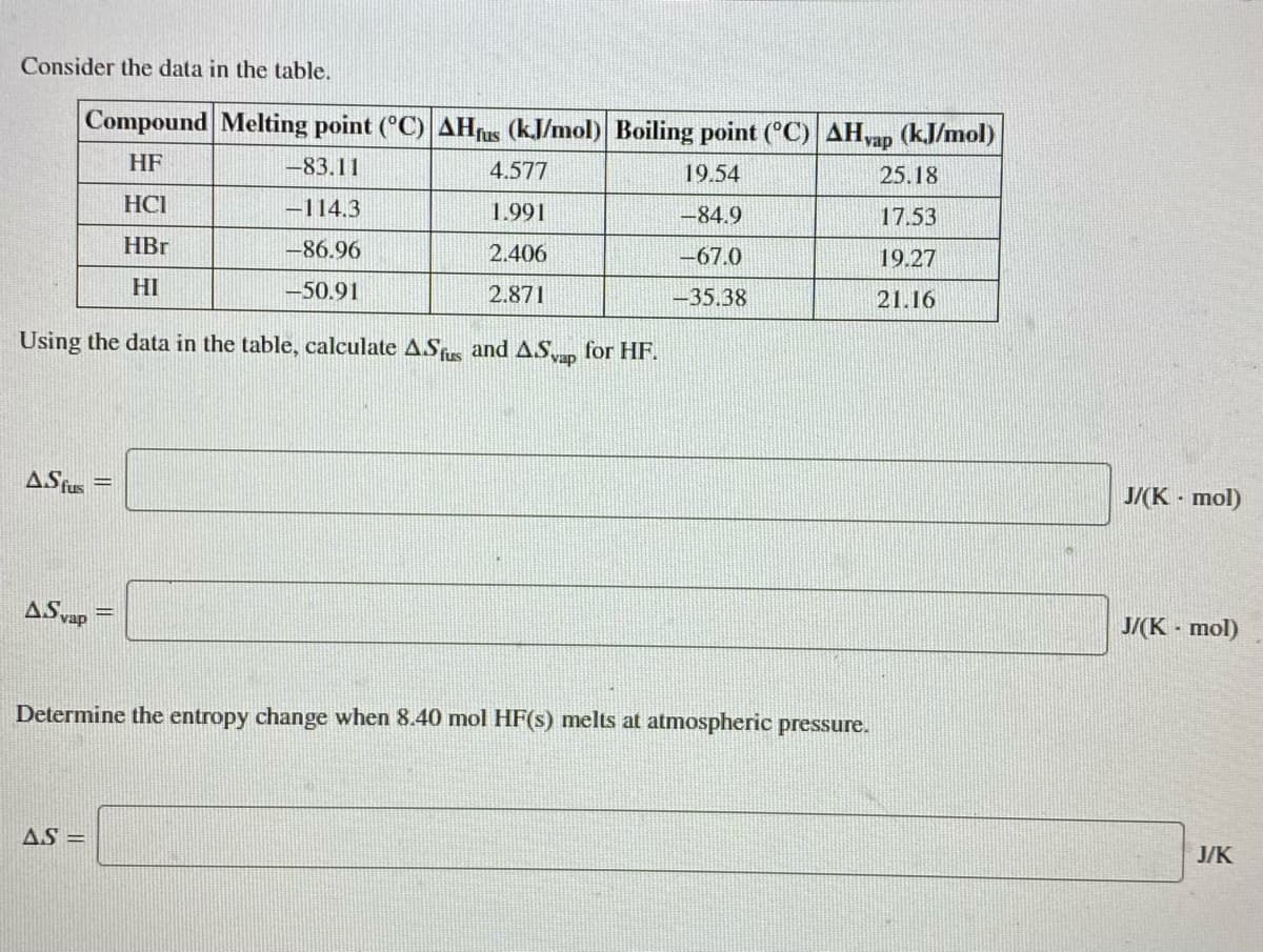 Consider the data in the table.
Compound Melting point (°C) AHrus (kJ/mol) Boiling point (°C) AH,ap (kJ/mol)
HF
-83.11
4.577
19.54
25.18
HCI
-114.3
1.991
-84.9
17.53
HBr
-86.96
2.406
-67.0
19.27
HI
-50.91
2.871
-35.38
21.16
Using the data in the table, calculate ASs and AS for HF.
vap
ASs =
J/(K - mol)
ASvap
J/(K - mol)
Determine the entropy change when 8.40 mol HF(s) melts at atmospheric pressure.
AS =
J/K
