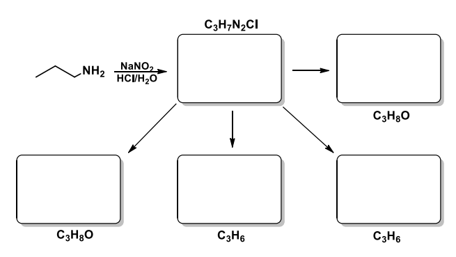 C3H;N2CI
NH2
NaNO,
HCVH,O
C3H3O
C3H3O
C3H6
C3H6
