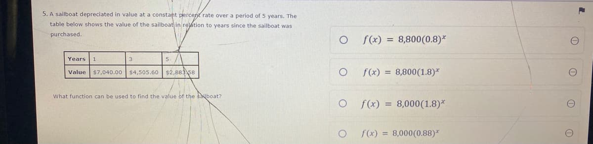 5. A sailboat depreciated in value at a constant percent rate over a period of 5 years. The
table below shows the value of the sailboat in relation to years since the sailboat was
purchased.
f(x) = 8,800(0.8)*
Years
3
5.
$2,883 58
f(x) = 8,800(1.8)*
Value
$7,040.00
$4.505.60
What function can be used to find the value of the salboat?
f(x) = 8,000(1.8)*
f(x) = 8,000(0.88)*
