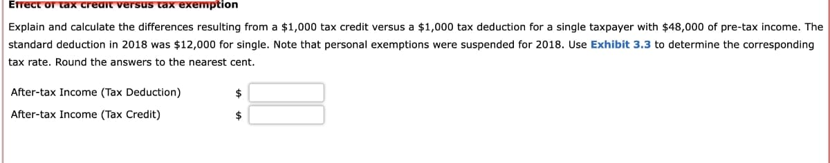 Effect of tax credit versus tax exemption
Explain and calculate the differences resulting from a $1,000 tax credit versus a $1,000 tax deduction for a single taxpayer with $48,000 of pre-tax income. The
standard deduction in 2018 was $12,000 for single. Note that personal exemptions were suspended for 2018. Use Exhibit 3.3 to determine the corresponding
tax rate. Round the answers to the nearest cent.
After-tax Income (Tax Deduction)
After-tax Income (Tax Credit)
$
$
