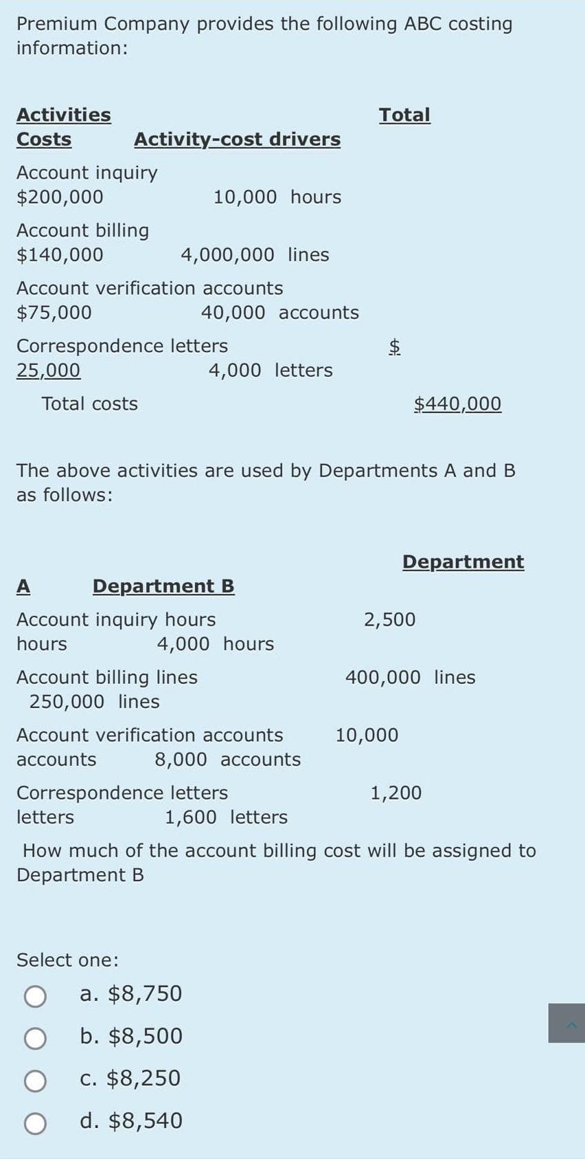 Premium Company provides the following ABC costing
information:
Activities
Costs
Account inquiry
$200,000
Account billing
$140,000
Activity-cost drivers
25,000
Account verification accounts
$75,000
Total costs
4,000,000 lines
Correspondence letters
10,000 hours
40,000 accounts
Account billing lines
250,000 lines
Department B
Account inquiry hours
hours
Select one:
4,000 letters
The above activities are used by Departments A and B
as follows:
4,000 hours
Account verification accounts
accounts
8,000 accounts
Correspondence letters
a. $8,750
b. $8,500
c. $8,250
d. $8,540
Total
1,600 letters
$440,000
Department
2,500
10,000
400,000 lines
letters
How much of the account billing cost will be assigned to
Department B
1,200