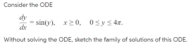 Consider the ODE
dy
dx
Without solving the ODE, sketch the family of solutions of this ODE.
=
sin(y), x ≥ 0,
0 ≤ y ≤4n.