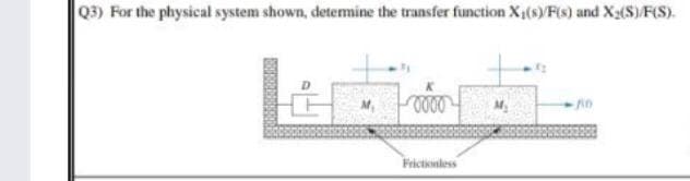 Q3) For the physical system shown, detemine the transfer function X1(s)/F(s) and X2(S) F(S).
Frictionless
