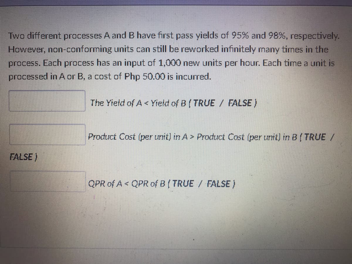 Two different processes A and B have first pass yields of 95% and 98%, respectively.
However, non-conforming units can still be reworked infinitely many times in the
process. Each process has an input of 1,000 new units per hour. Each time a unit is
processed in A or B, a cost of Php 50.00 is incurred.
FALSE}
The Yield of A < Yield of B (TRUE / FALSE}
Product Cost (per unit) in A > Product Cost (per unit) in B (TRUE /
QPR of A< QPR of B (TRUE / FALSE }