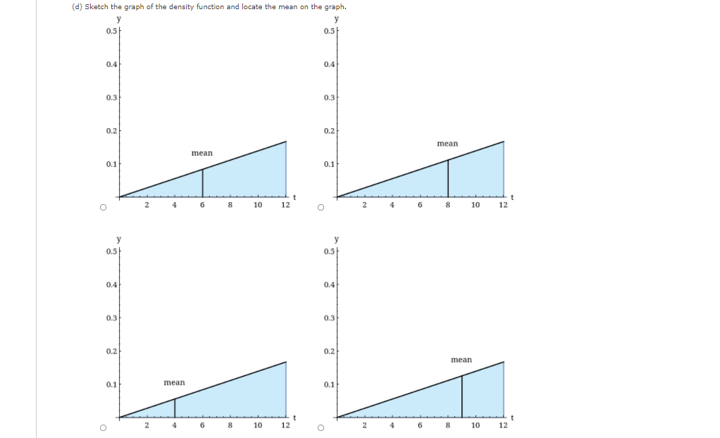 (d) Sketch the graph of the density function and locate the mean on the graph.
y
0.5
0.5
0.4
0.4
0.3
0.3
0.2
0.2
mean
mean
0.1
0.1
2
4
6
8
10
12
2
4
6
8
10
12
y
0.5
0.5H
0.4
0.4
0.3
0.3
0.2
0.2
mean
0.1
mean
0.1
6.
10
12
4
6
8
10
12
