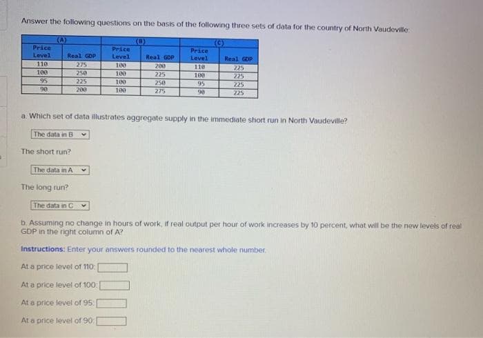 Answer the following questions on the basis of the following three sets of data for the country of North Vaudeville:
(A)
Price
(c)
Price
Level
Price
Level
Level
Real GDP
Real GOP
200
225
Real GOP
110
275
100
110
225
225
100
250
100
100
95
225
100
250
95
225
90
200
100
275
90
225
a. Which set of data illustrates aggregate supply in the immediate short run in North Vaudeville?
The data in B
The short run?
The data in A
The long run?
The data in C
b. Assuming no change in hours of work, if real output per hour of work increases by 10 percent, what will be the new levels of real
GDP in the right column of A?
Instructions: Enter your answers rounded to the nearest whole number.
At a price level of 110:
At a price level of 100:
At a price level of 95:
At a price level of 90
