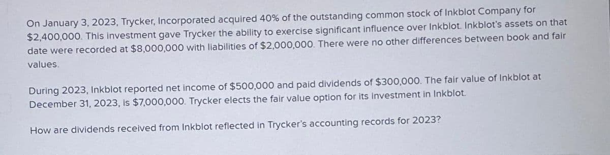 On January 3, 2023, Trycker, Incorporated acquired 40% of the outstanding common stock of Inkblot Company for
$2,400,000. This investment gave Trycker the ability to exercise significant influence over Inkblot. Inkblot's assets on that
date were recorded at $8,000,000 with liabilities of $2,000,000. There were no other differences between book and fair
values.
During 2023, Inkblot reported net income of $500,000 and paid dividends of $300,000. The fair value of Inkblot at
December 31, 2023, is $7,000,000. Trycker elects the fair value option for its investment in Inkblot.
How are dividends received from Inkblot reflected in Trycker's accounting records for 2023?