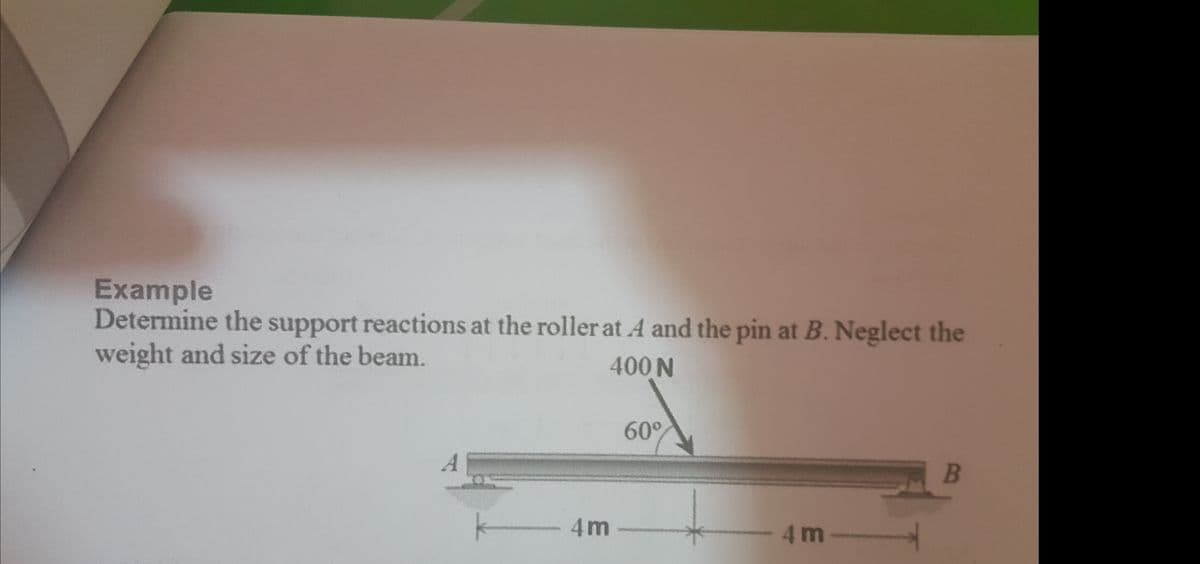 Example
Determine the support reactions at the roller at A and the pin at B. Neglect the
weight and size of the beam.
400N
60°
B
4m
4m
