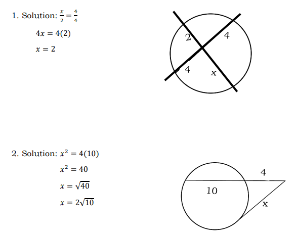 1. Solution: =
4
4x = 4(2)
2
4
x = 2
4
2. Solution: x² = 4(10)
x2 = 40
4
x = V40
10
x = 2/10
