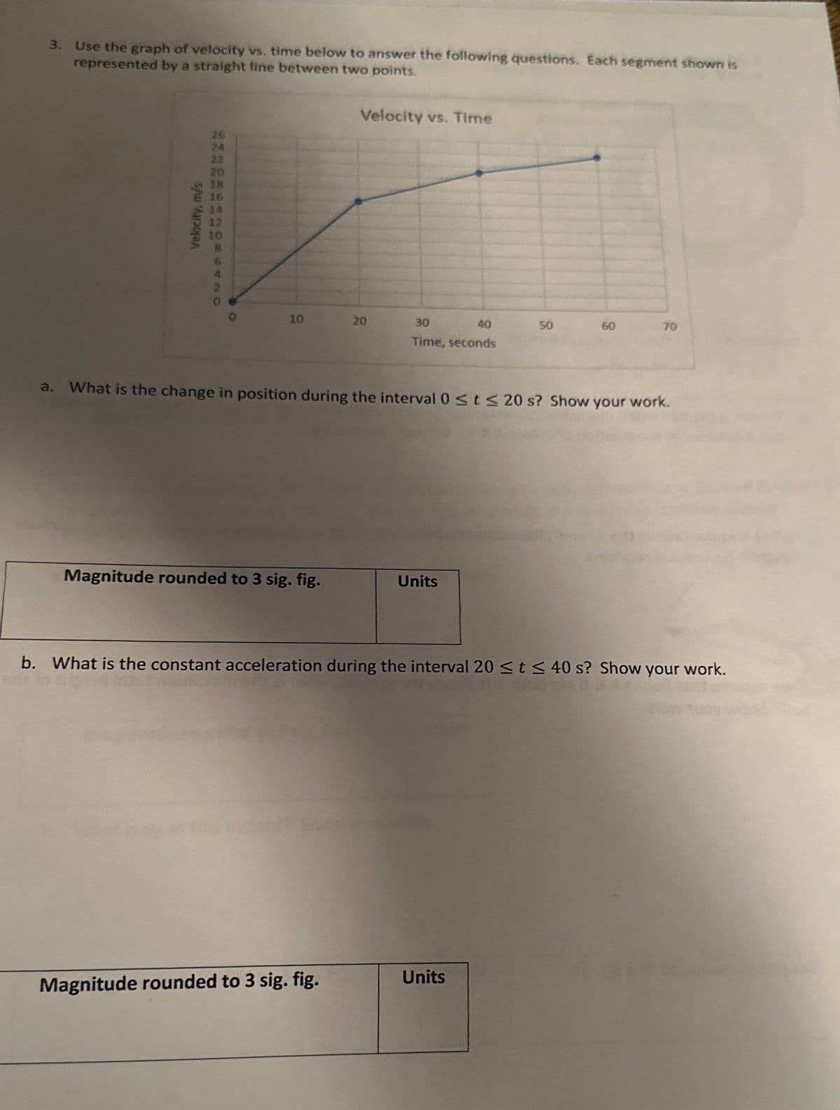 3. Use the graph of velocity vs. time below to answer the following questions. Each segment shown is
represented
by a straight line between two points.
Velocity, m/s
275
26
20
18
16
14
12
10
6420
10
Magnitude rounded to 3 sig. fig.
Velocity vs. Time
20
Magnitude rounded to 3 sig. fig.
40
30
Time, seconds
a. What is the change in position during the interval 0 ≤ t ≤ 20 s? Show your work.
Units
50
60
Units
70
b. What is the constant acceleration during the interval 20 ≤ t ≤ 40 s? Show your work.