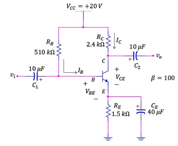 Vcc
= +20 V
Rc
2.4 kN
Ic
10 µF
RB
510 kN
C
C2
+
10 µF
Vce
100
Vị
В
+
VBE E
CE
40 µF
RE
1.5 kN
