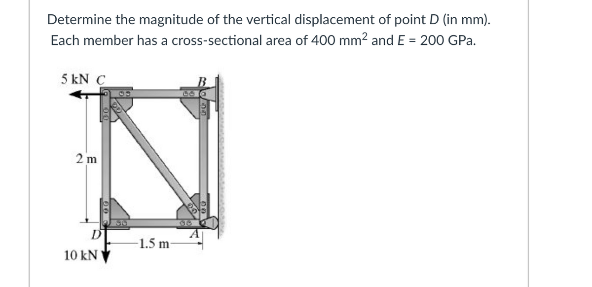 Determine the magnitude of the vertical displacement of point D (in mm).
%3D
Each member has a cross-sectional area of 400 mm2 and E = 200 GPa.
5 kN C
B.
2 m
1.5 m
10 kN
