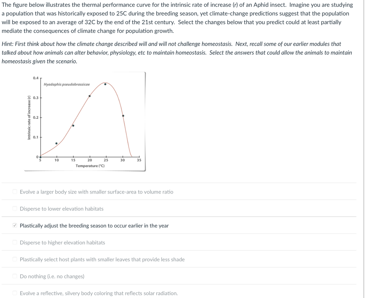The figure below illustrates the thermal performance curve for the intrinsic rate of increase (r) of an Aphid insect. Imagine you are studying
a population that was historically exposed to 25C during the breeding season, yet climate-change predictions suggest that the population
will be exposed to an average of 32C by the end of the 21st century. Select the changes below that you predict could at least partially
mediate the consequences of climate change for population growth.
Hint: First think about how the climate change described will and will not challenge homeostasis. Next, recall some of our earlier modules that
talked about how animals can alter behavior, physiology, etc to maintain homeostasis. Select the answers that could allow the animals to maintain
homeostasis given the scenario.
0.4
Hyadaphis pseudobrassicae
0.3
0.2
0.1
10
15
20
25
30
35
Temperature (°C)
Evolve a larger body size with smaller surface-area to volume ratio
O Disperse to lower elevation habitats
O Plastically adjust the breeding season to occur earlier in the year
O Disperse to higher elevation habitats
Plastically select host plants with smaller leaves that provide less shade
Do nothing (i.e. no changes)
Evolve a reflective, silvery body coloring that reflects solar radiation.
Intrinsic rate of increase (r)
