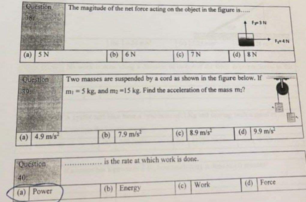 Question
The magitude of the net force acting on the object in the figure is...
387
FF3N
Fyw 4 N
(а) | 5 N
(b) 6 N
|(e) 7N
(d) 8 N
Question
Two masses are suspended by a cord as shown in the figure below. If
39
mi =5 kg, and m2 -15 kg. Find the acceleration of the mass m2?
(a) 4.9 m/s
(b) 7.9 m/s
(c) 8.9 m/s
(d) 9.9 m/s
Question
is the rate at which work is done.
40
(a) Power
(b) Energy
(c) Work
(d) Force
