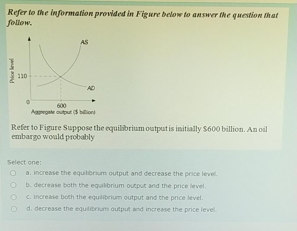 Refer to the information provided in Figure below to answer the question that
follow.
AS
110
AD
0.
600
Aggregate output ($ billion)
Refer to Figure Suppose the equilibrium output is initially $600 billion. An oil
embargo would probably
Select one:
a. increase the equilibrium output and decrease the price level.
b. decrease both the equilibrium output and the price level.
c. increase both the equilibrium output and the price level.
d. decrease the equilibrium output and increase the price level.
Price level
